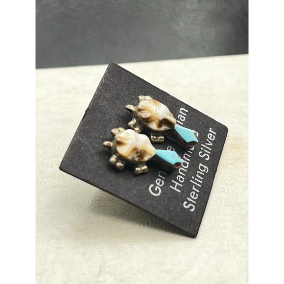 Zuni Indian Sterling Silver Turquoise Coral Turtle Post Earrings Handmade New - Picture 3 of 7